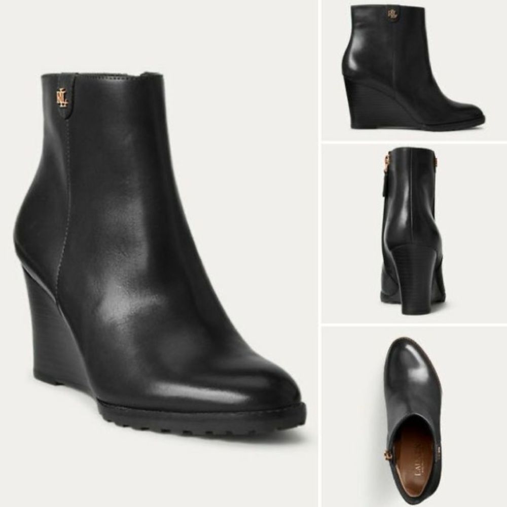 NEW size 8. Lauren Ralph “Shaley” Black Leather Wedge Ankle Boots